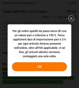 Messaggio TEMU dazio di importazione 3 euro
